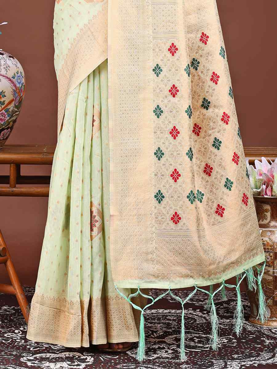 Sea Green Linen Cotton Handwoven Festival Wedding Fancy Heavy Border Saree