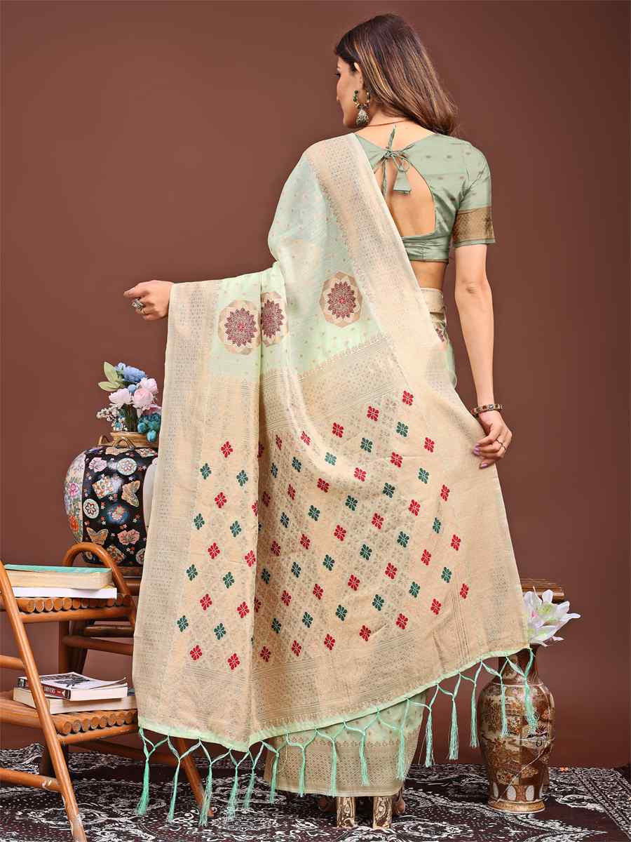 Sea Green Linen Cotton Handwoven Festival Wedding Fancy Heavy Border Saree