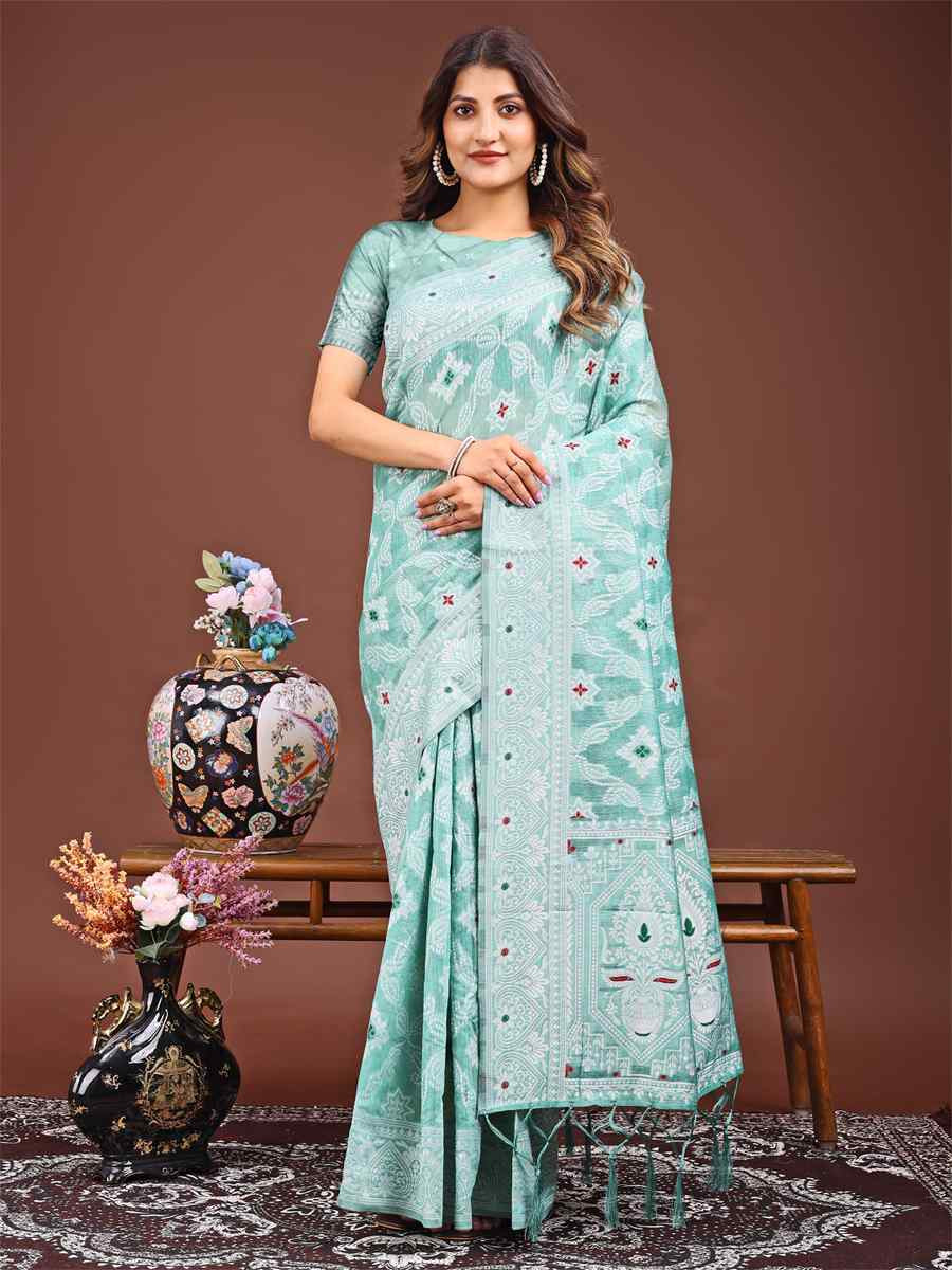 Sea Green Linen Cotton Handwoven Festival Wedding Fancy Heavy Border Saree