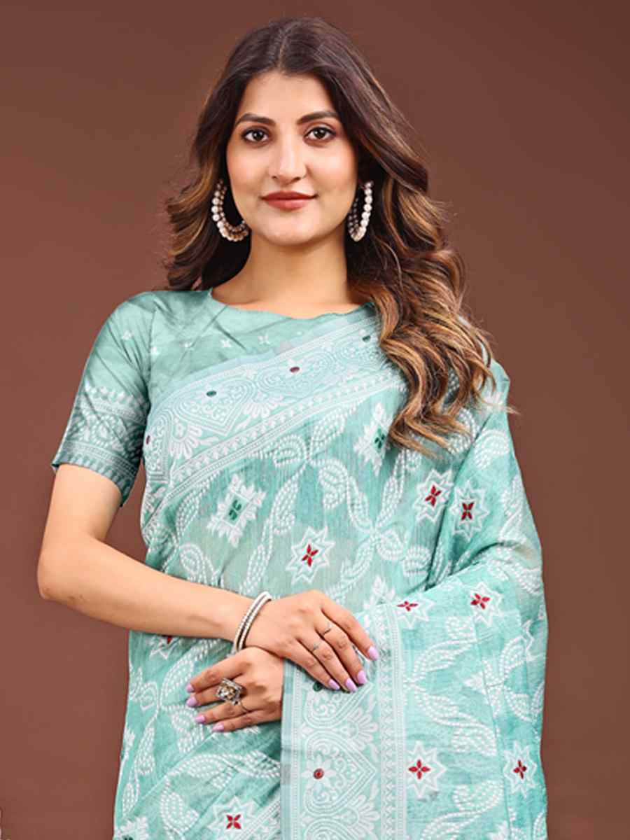 Sea Green Linen Cotton Handwoven Festival Wedding Fancy Heavy Border Saree