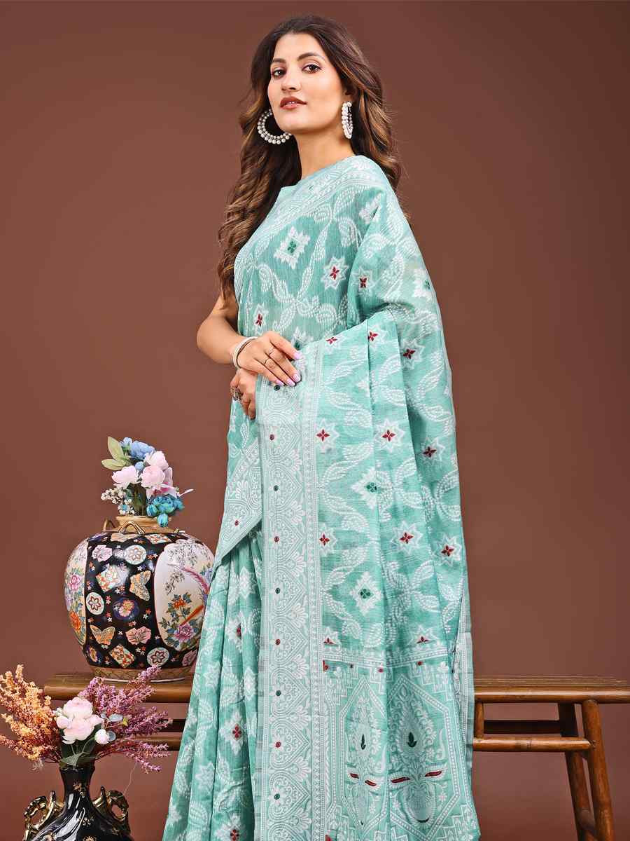 Sea Green Linen Cotton Handwoven Festival Wedding Fancy Heavy Border Saree