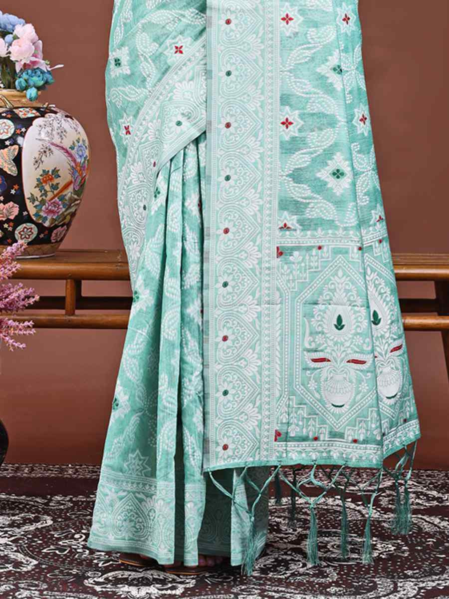 Sea Green Linen Cotton Handwoven Festival Wedding Fancy Heavy Border Saree