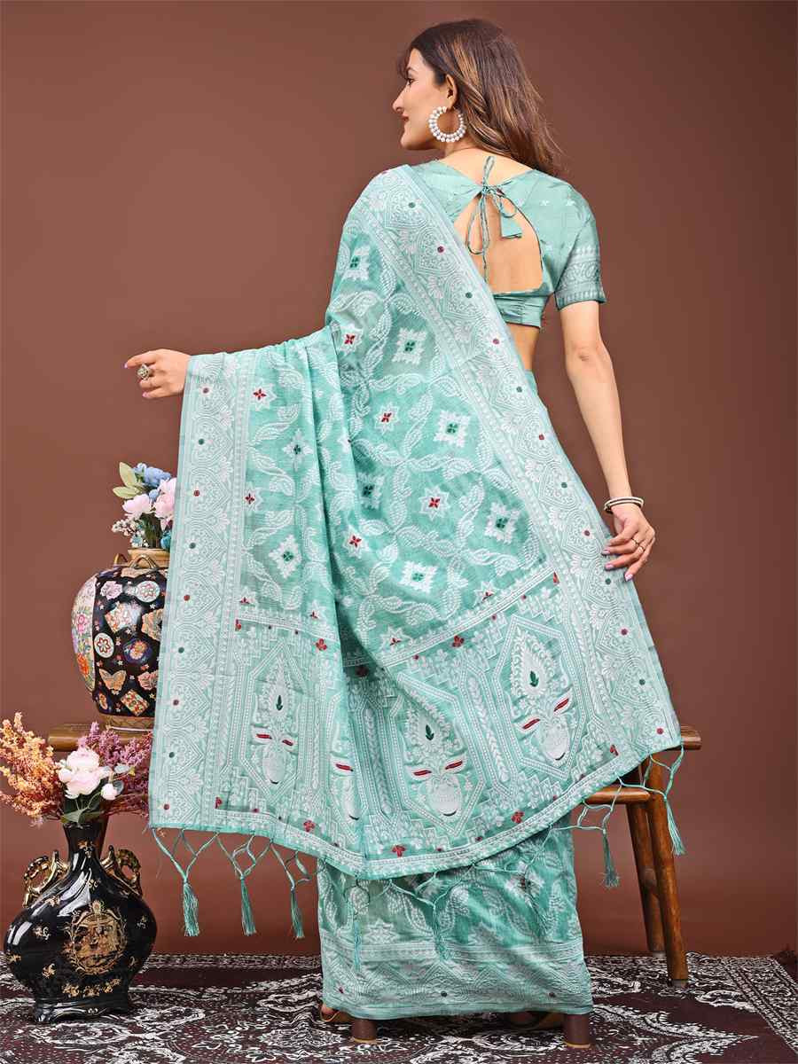 Sea Green Linen Cotton Handwoven Festival Wedding Fancy Heavy Border Saree
