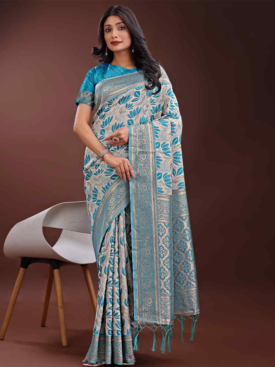 Sea Green Linen Cotton Handwoven Festival Wedding Fancy Heavy Border Saree