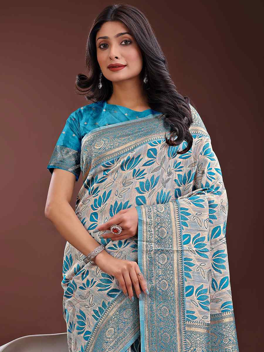 Sea Green Linen Cotton Handwoven Festival Wedding Fancy Heavy Border Saree