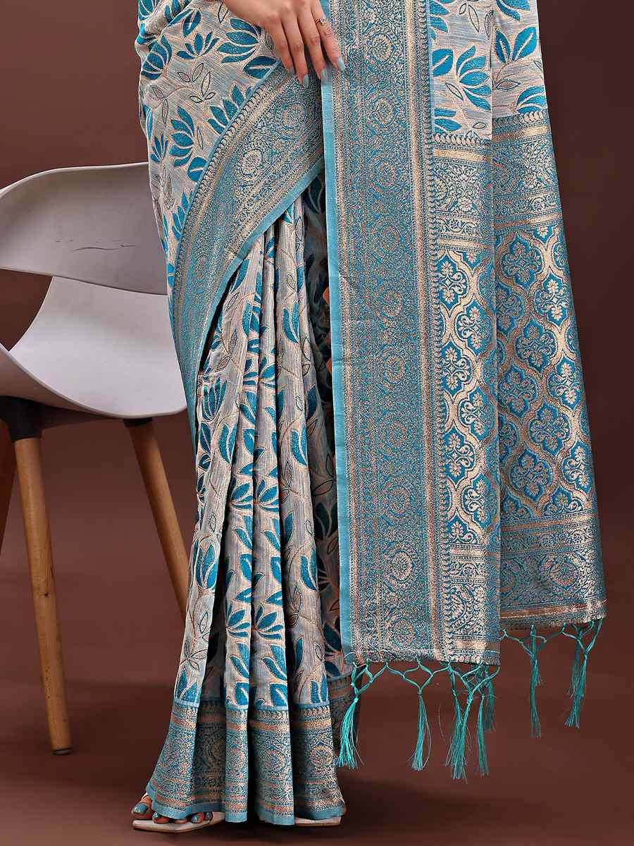 Sea Green Linen Cotton Handwoven Festival Wedding Fancy Heavy Border Saree