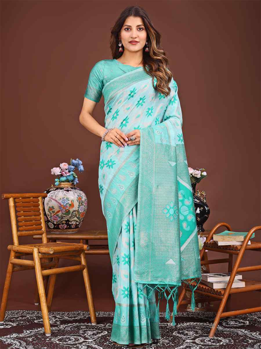 Sea Green Linen Cotton Handwoven Festival Wedding Fancy Heavy Border Saree