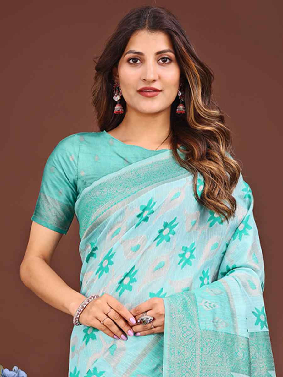 Sea Green Linen Cotton Handwoven Festival Wedding Fancy Heavy Border Saree