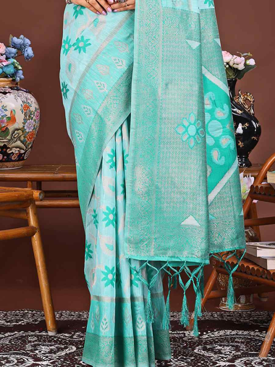 Sea Green Linen Cotton Handwoven Festival Wedding Fancy Heavy Border Saree