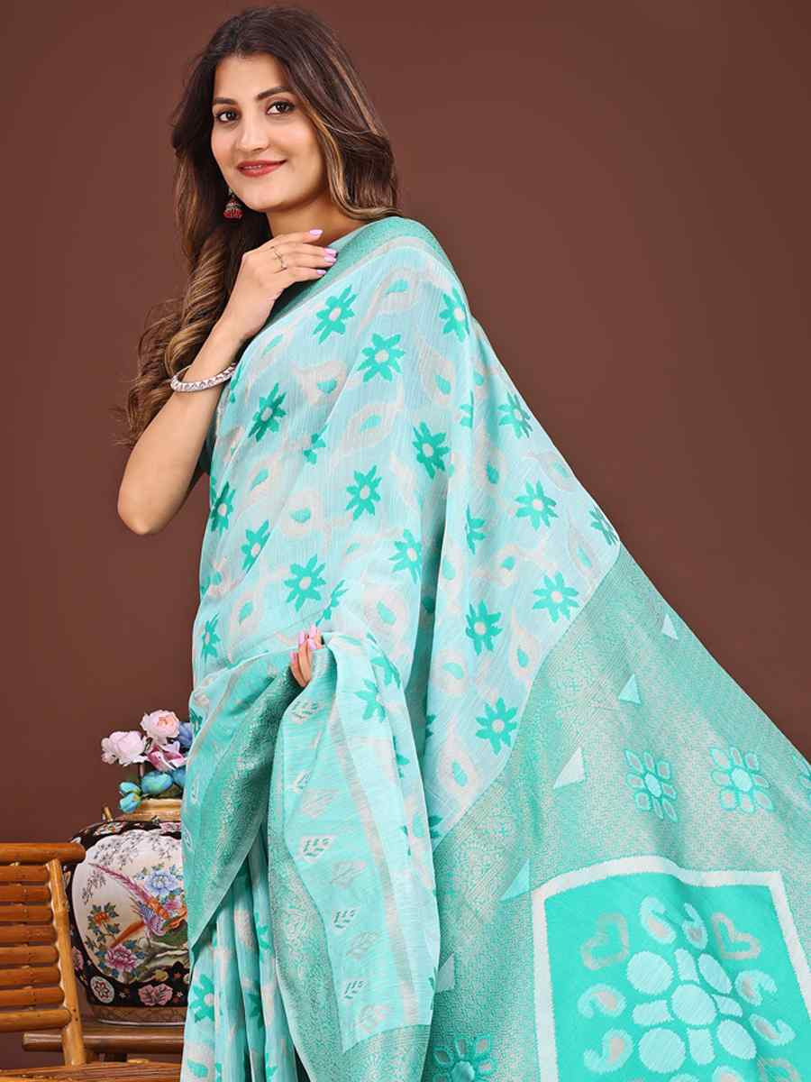 Sea Green Linen Cotton Handwoven Festival Wedding Fancy Heavy Border Saree