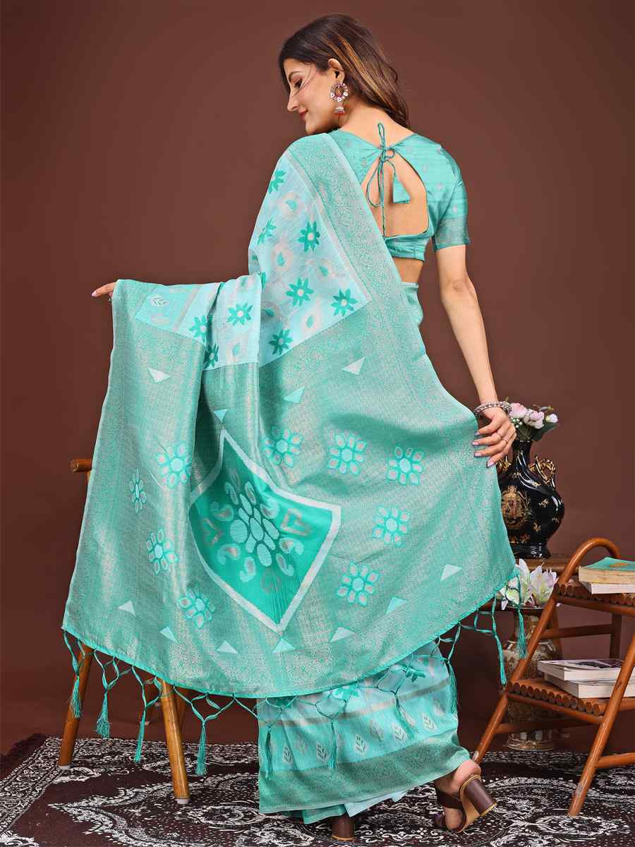 Sea Green Linen Cotton Handwoven Festival Wedding Fancy Heavy Border Saree
