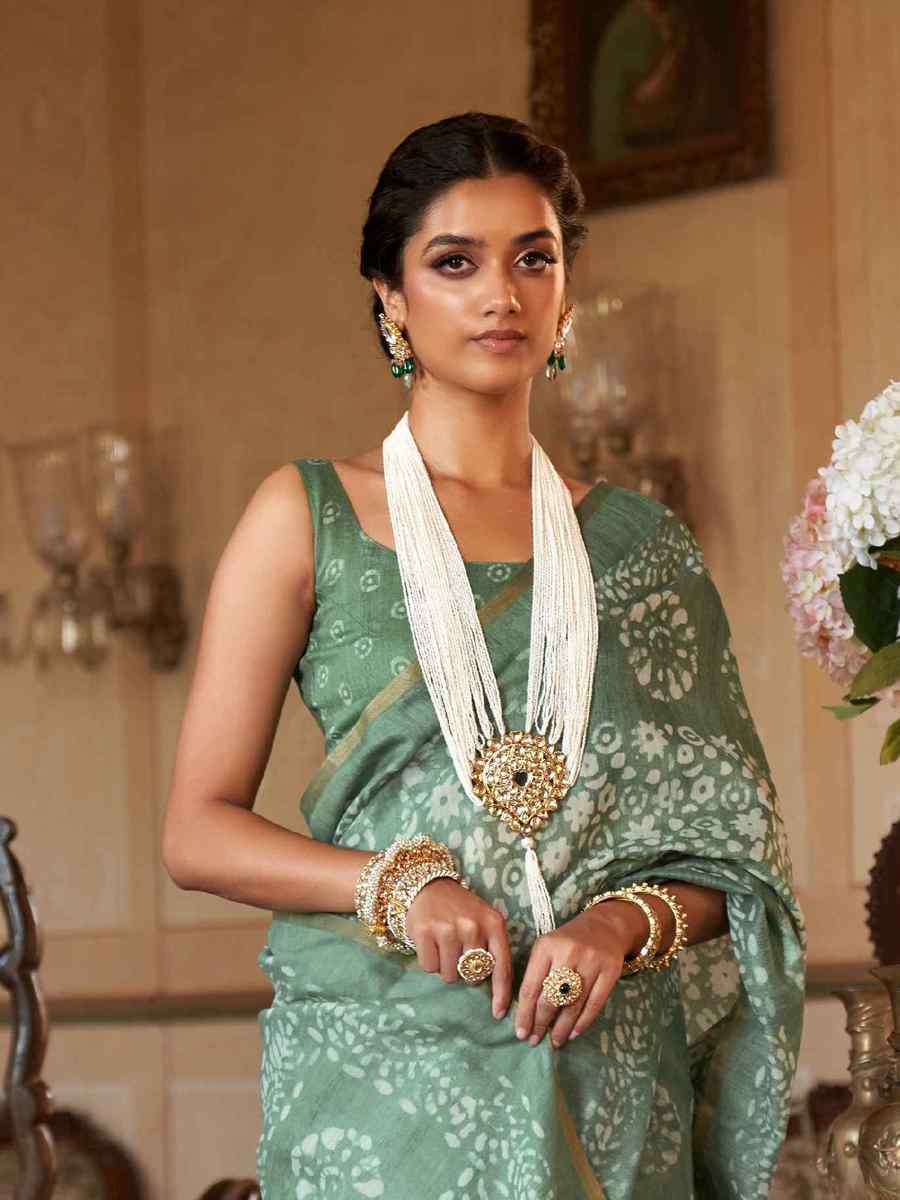Sea Green Linen Cotton Printed Casual Festival Contemporary Saree