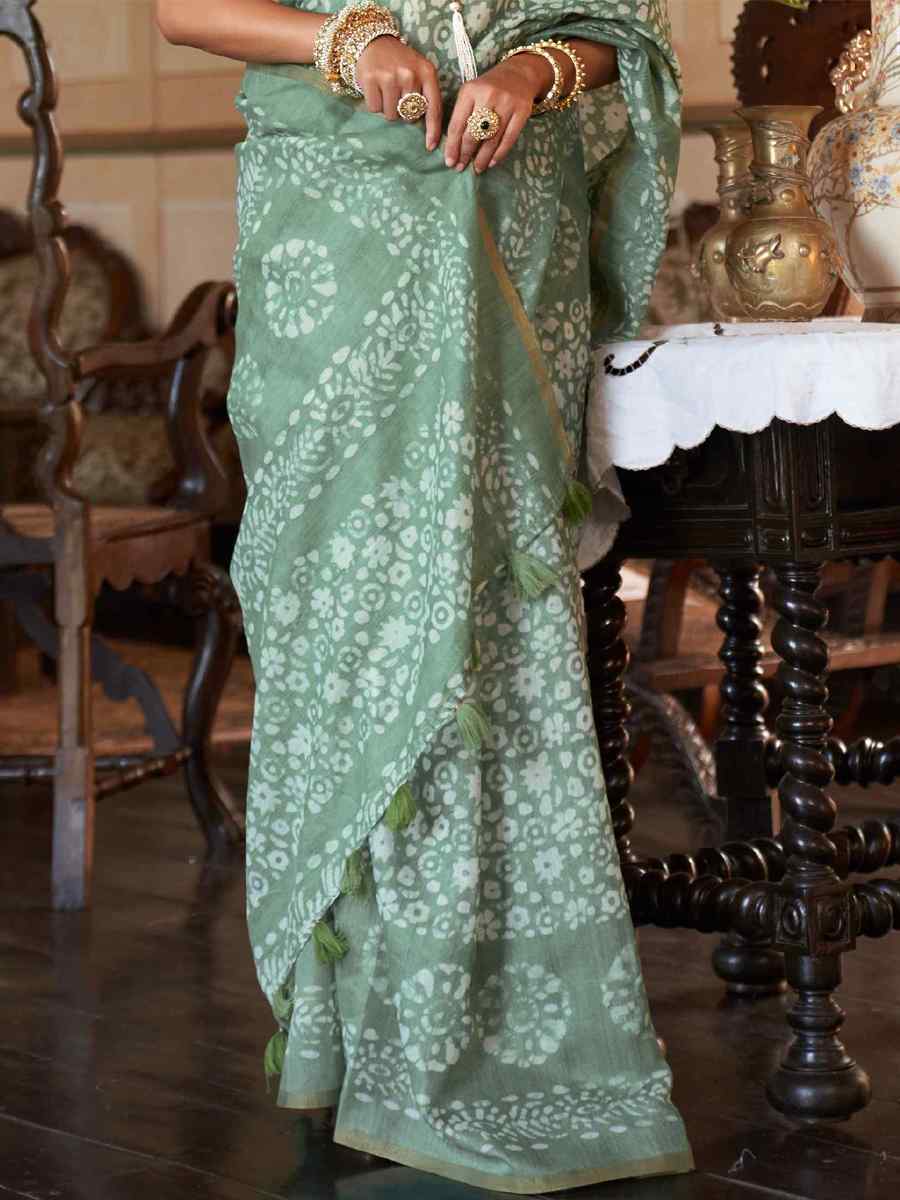 Sea Green Linen Cotton Printed Casual Festival Contemporary Saree