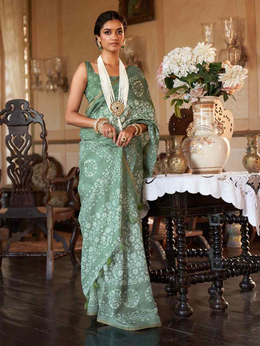 Sea Green Linen Cotton Printed Casual Festival Contemporary Saree