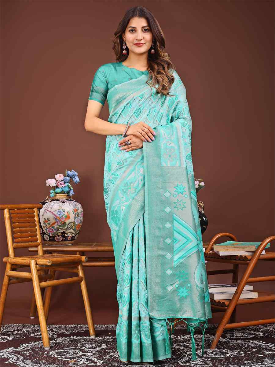 Sea Green Linen Cotton Printed Festival Wedding Fancy Heavy Border Saree