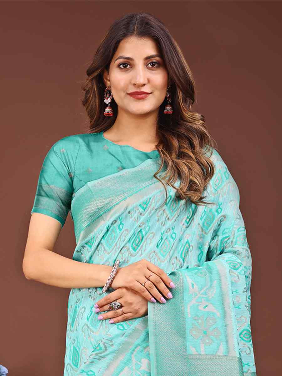 Sea Green Linen Cotton Printed Festival Wedding Fancy Heavy Border Saree