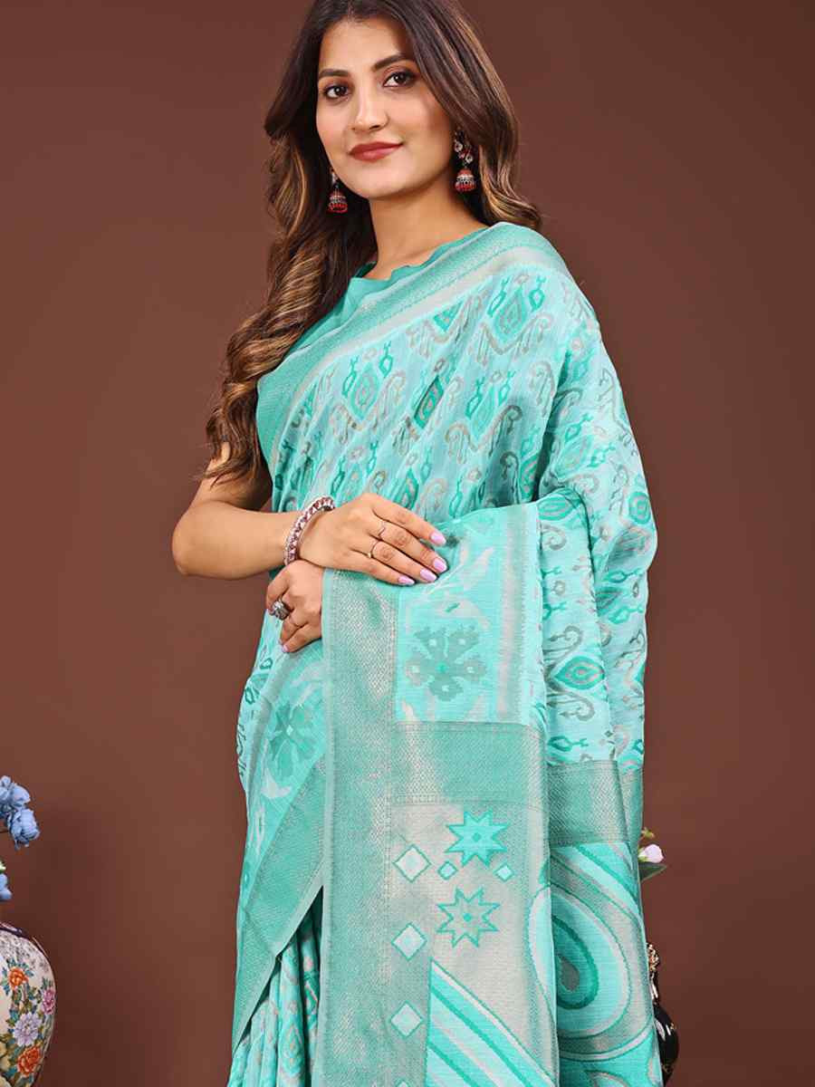 Sea Green Linen Cotton Printed Festival Wedding Fancy Heavy Border Saree