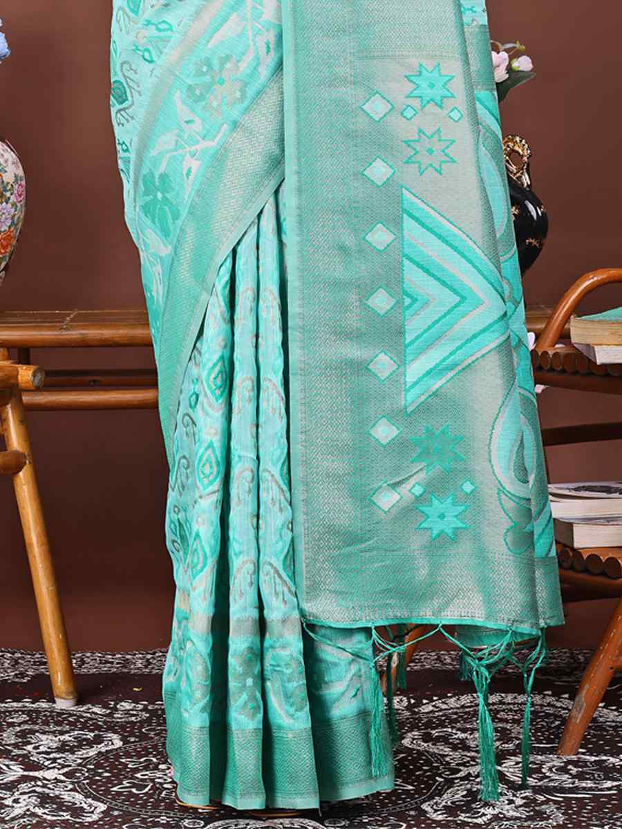 Sea Green Linen Cotton Printed Festival Wedding Fancy Heavy Border Saree