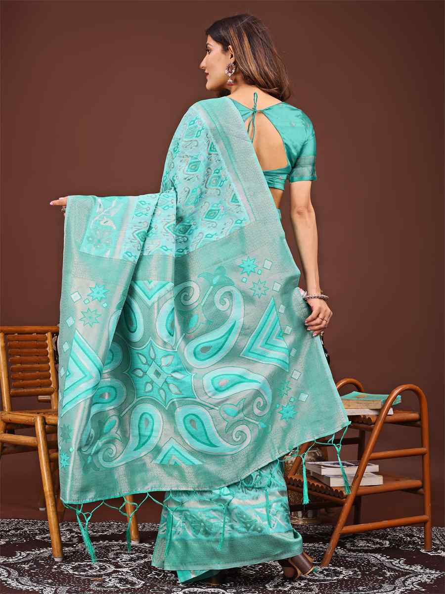 Sea Green Linen Cotton Printed Festival Wedding Fancy Heavy Border Saree