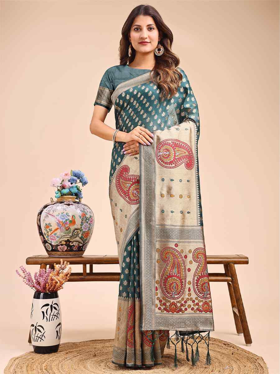 Sea Green Linen Cotton Printed Festival Wedding Fancy Heavy Border Saree
