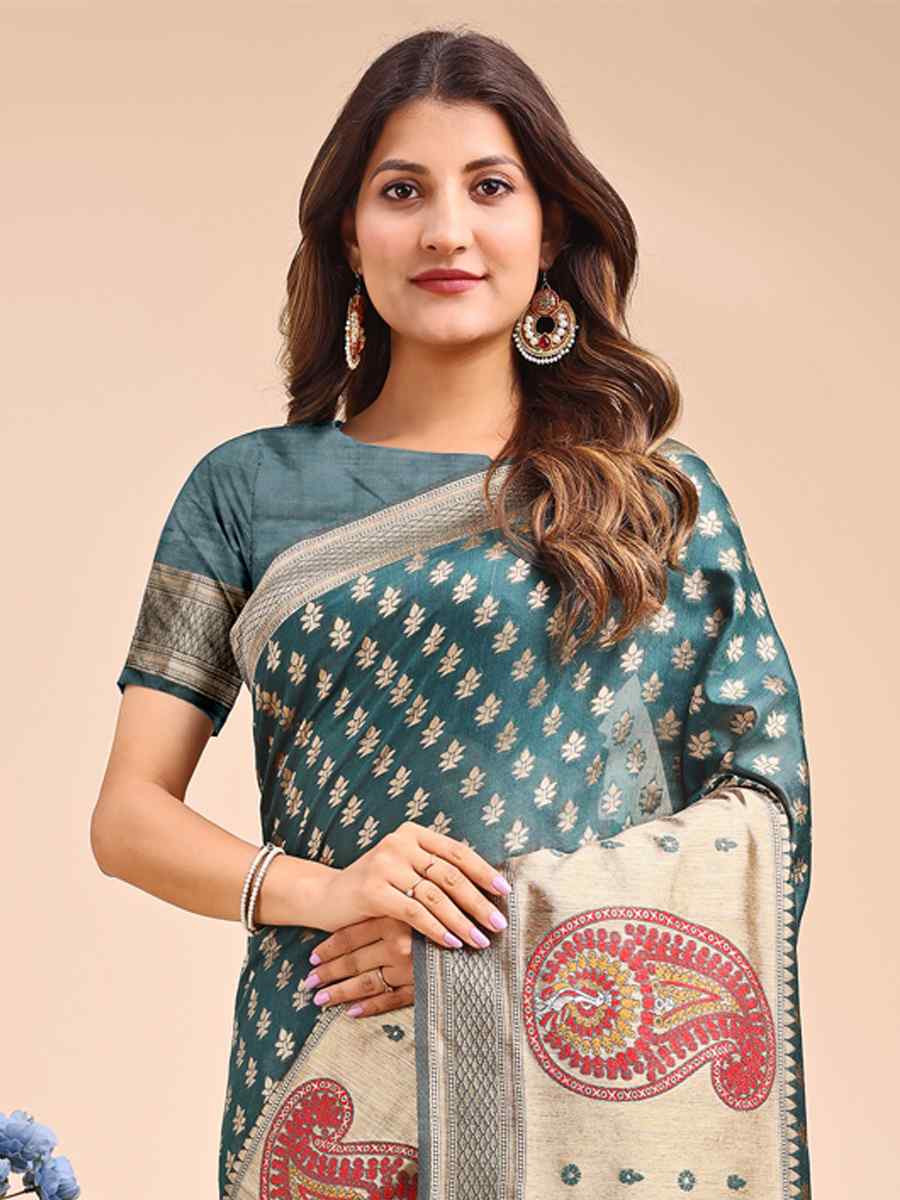 Sea Green Linen Cotton Printed Festival Wedding Fancy Heavy Border Saree