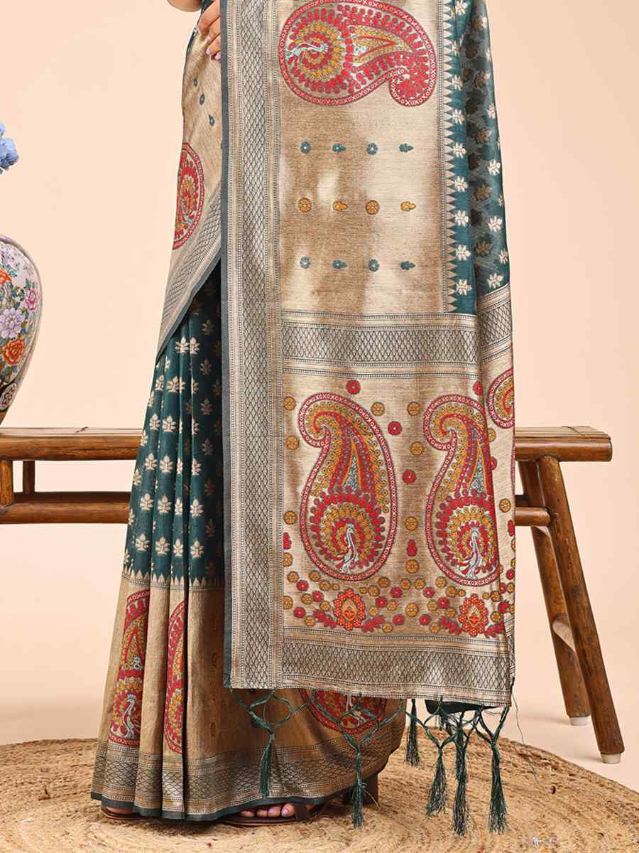 Sea Green Linen Cotton Printed Festival Wedding Fancy Heavy Border Saree
