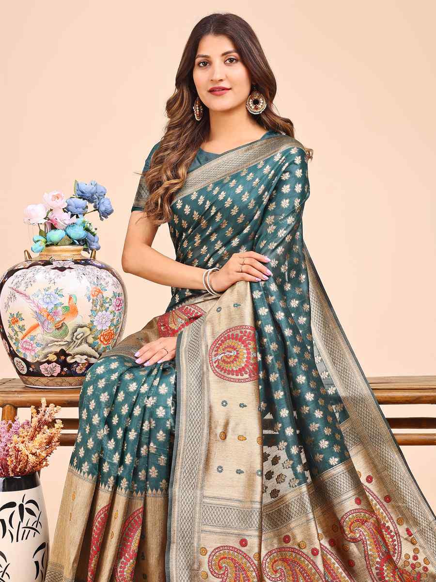 Sea Green Linen Cotton Printed Festival Wedding Fancy Heavy Border Saree