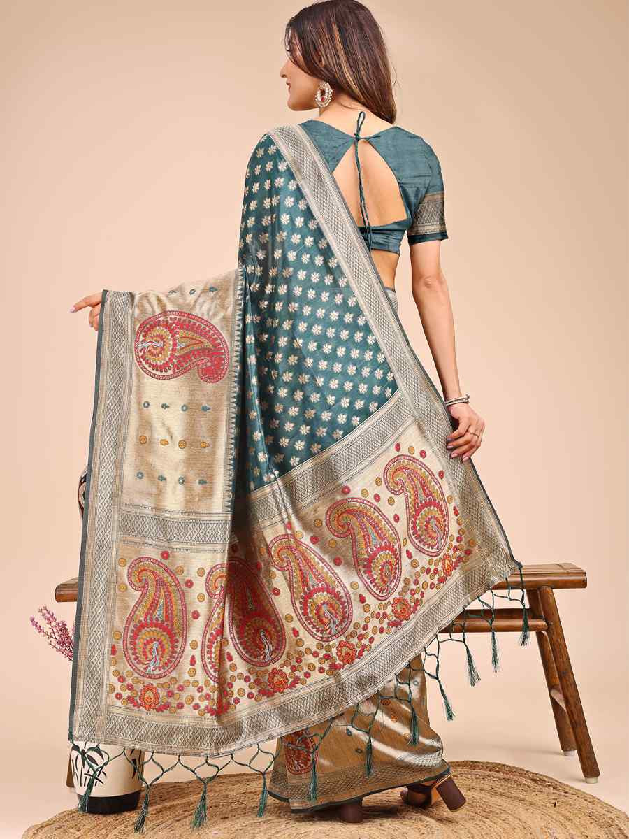 Sea Green Linen Cotton Printed Festival Wedding Fancy Heavy Border Saree