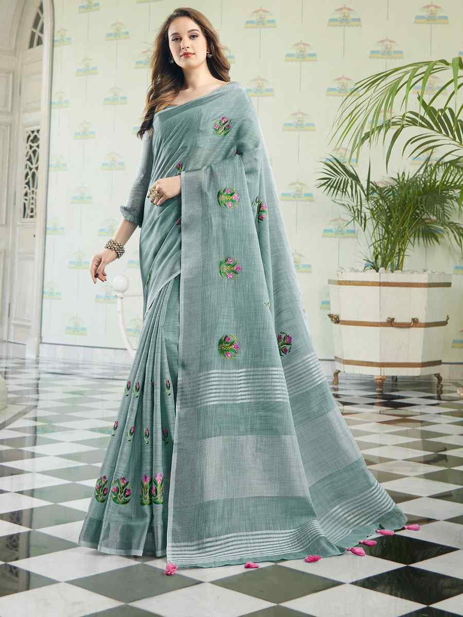 Sea Green Linen Embroidery Casual Traditional Reception Festival Fancy Classic Style Sarees