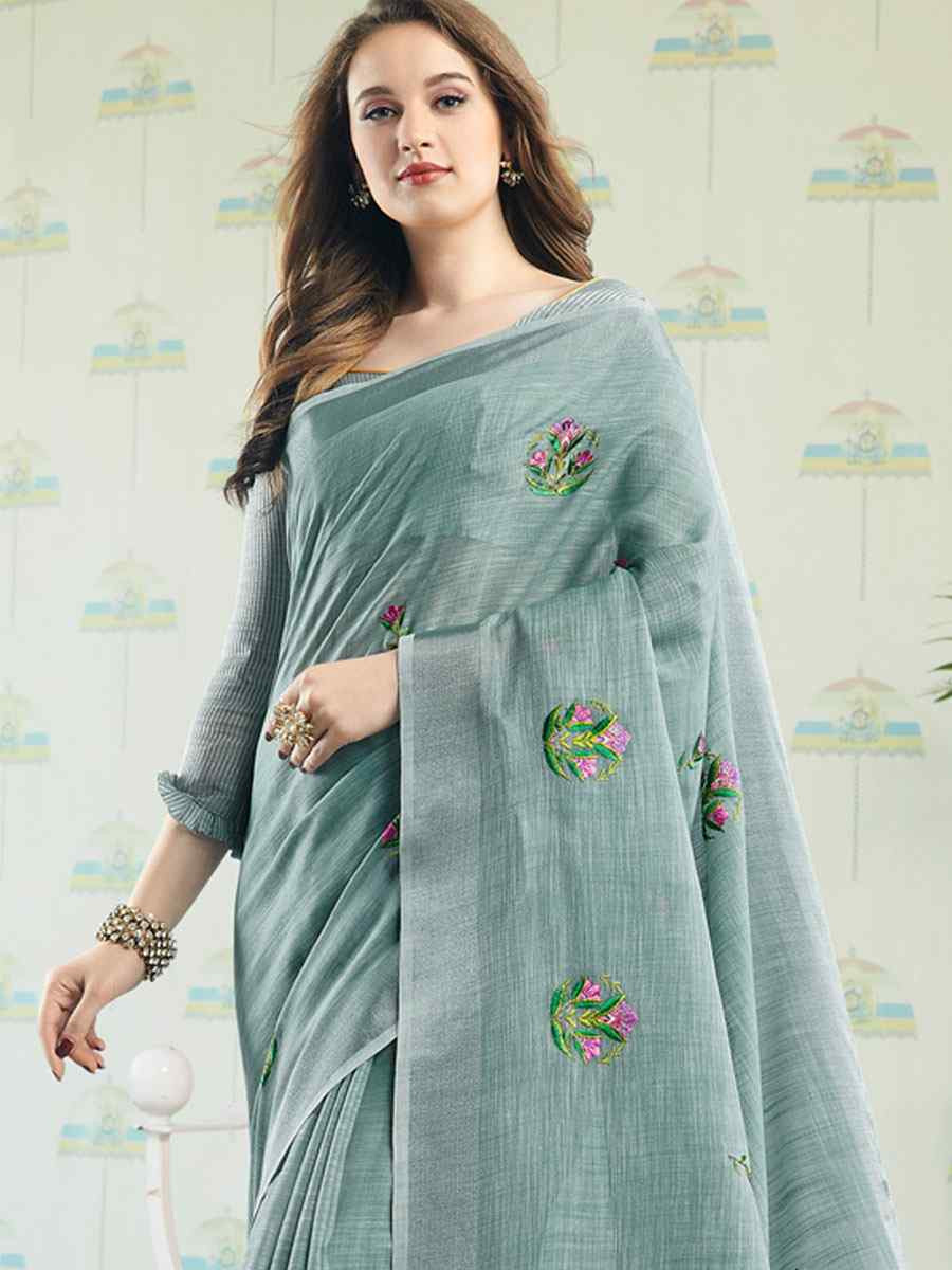 Sea Green Linen Embroidery Casual Traditional Reception Festival Fancy Classic Style Sarees