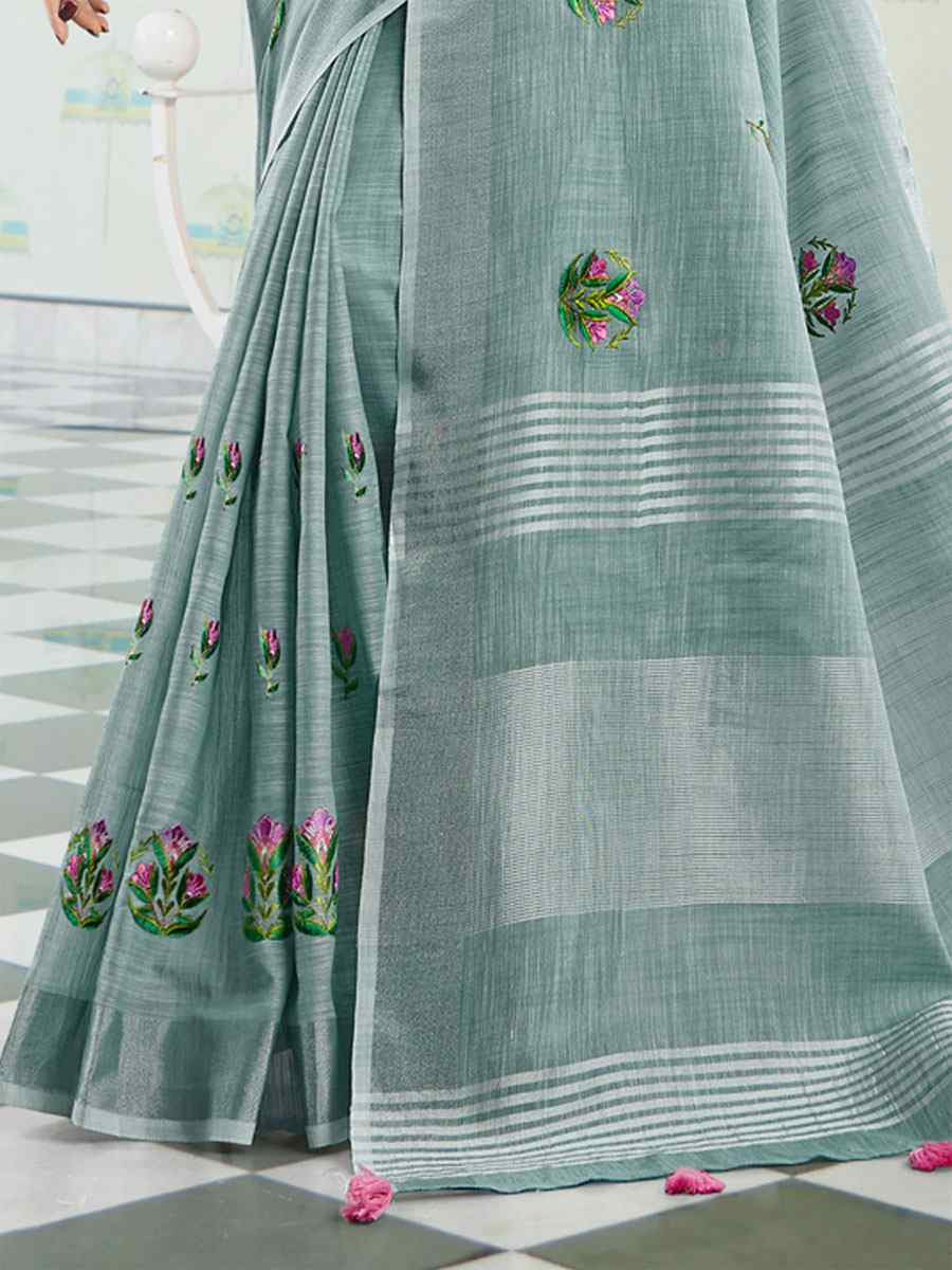 Sea Green Linen Embroidery Casual Traditional Reception Festival Fancy Classic Style Sarees