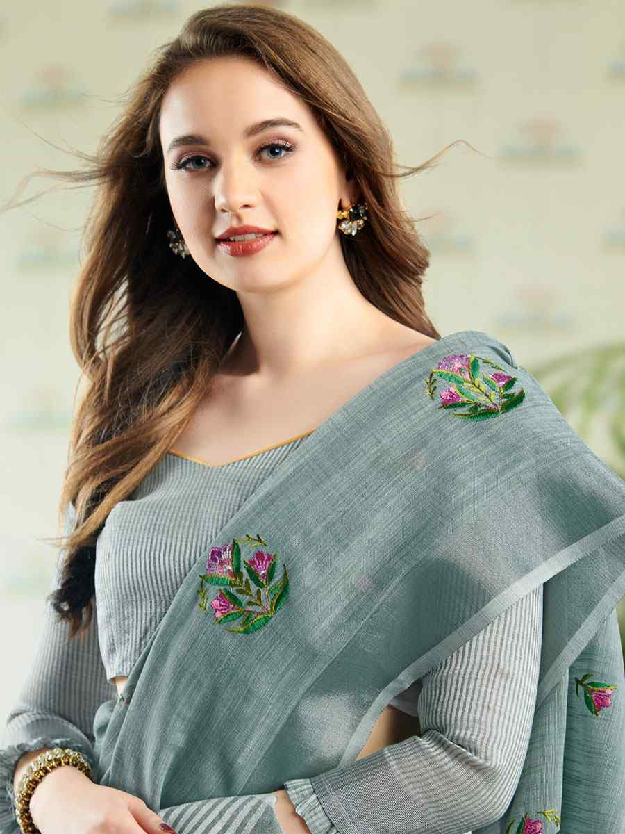 Sea Green Linen Embroidery Casual Traditional Reception Festival Fancy Classic Style Sarees