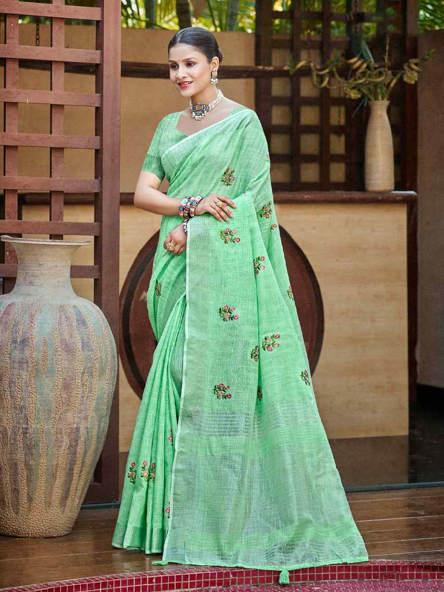 Sea Green Linen Embroidery Handwoven Casual Festival Party Classic Style Sarees