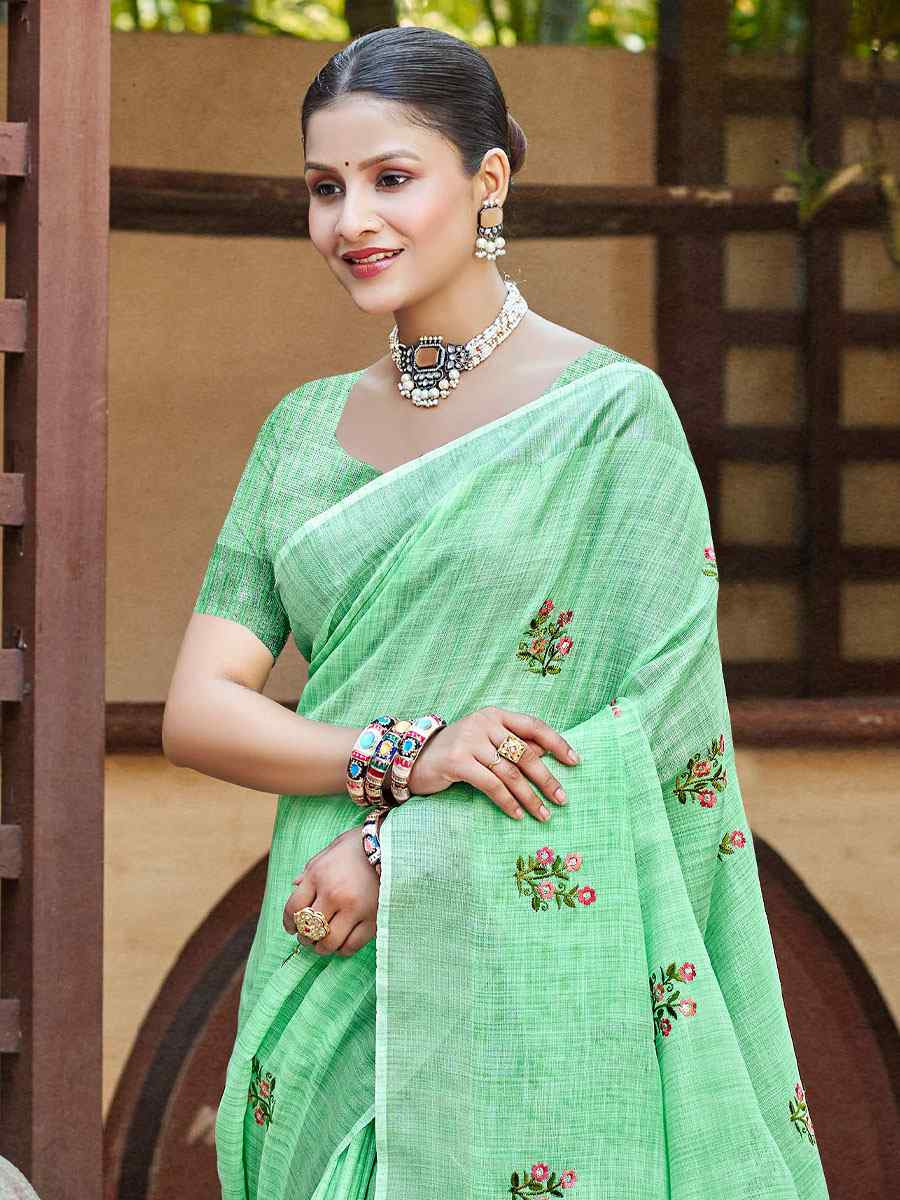 Sea Green Linen Embroidery Handwoven Casual Festival Party Classic Style Sarees