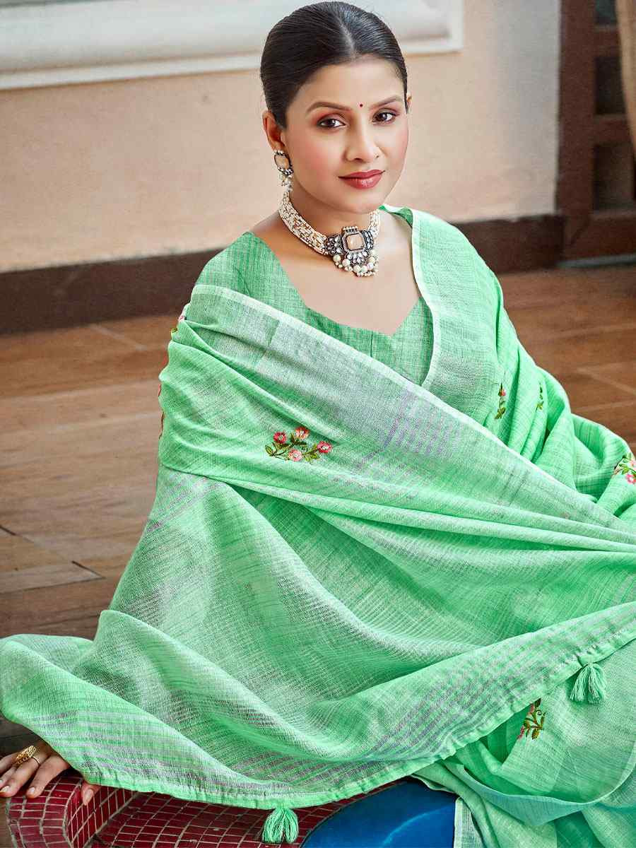 Sea Green Linen Embroidery Handwoven Casual Festival Party Classic Style Sarees