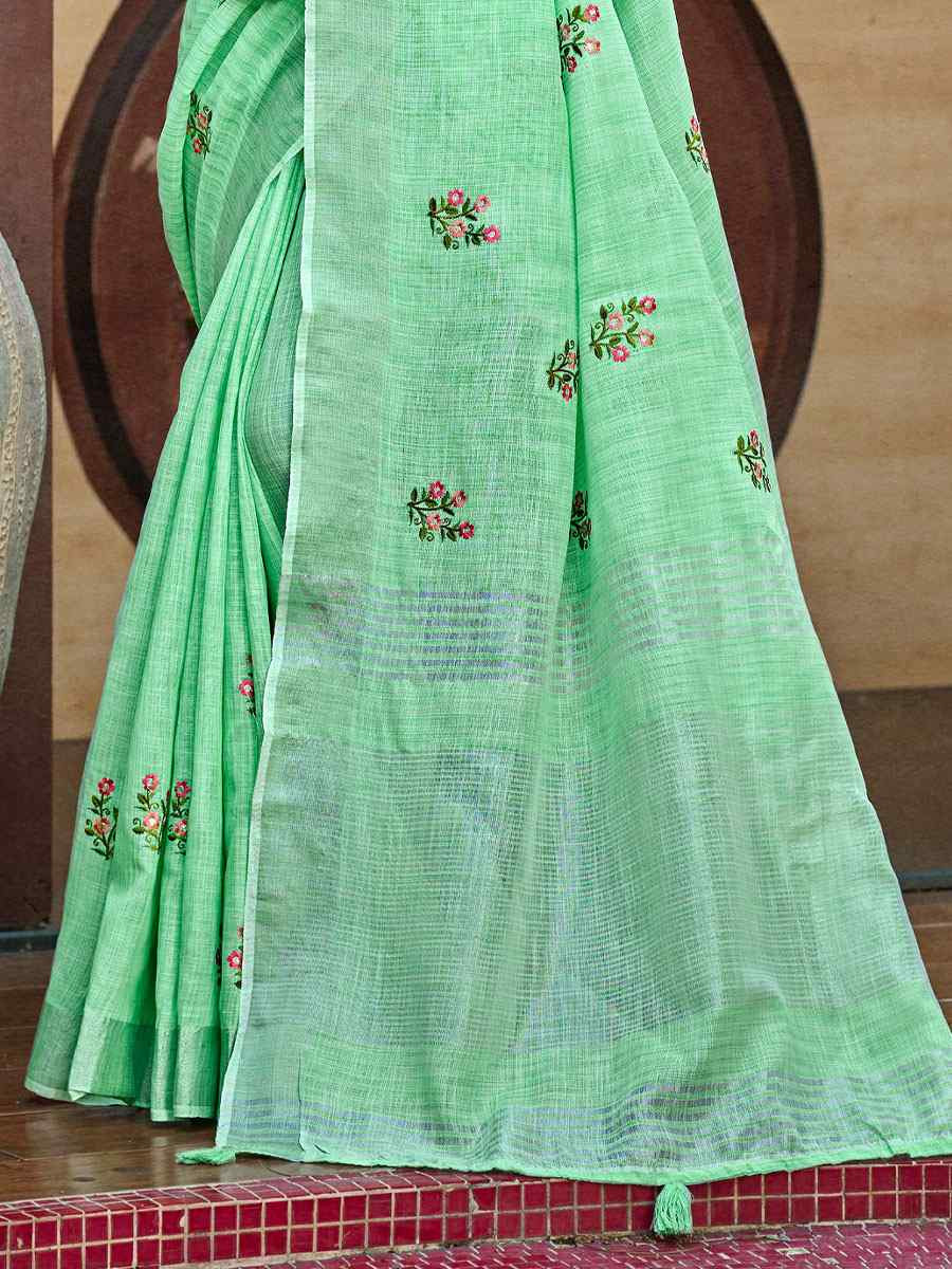 Sea Green Linen Embroidery Handwoven Casual Festival Party Classic Style Sarees