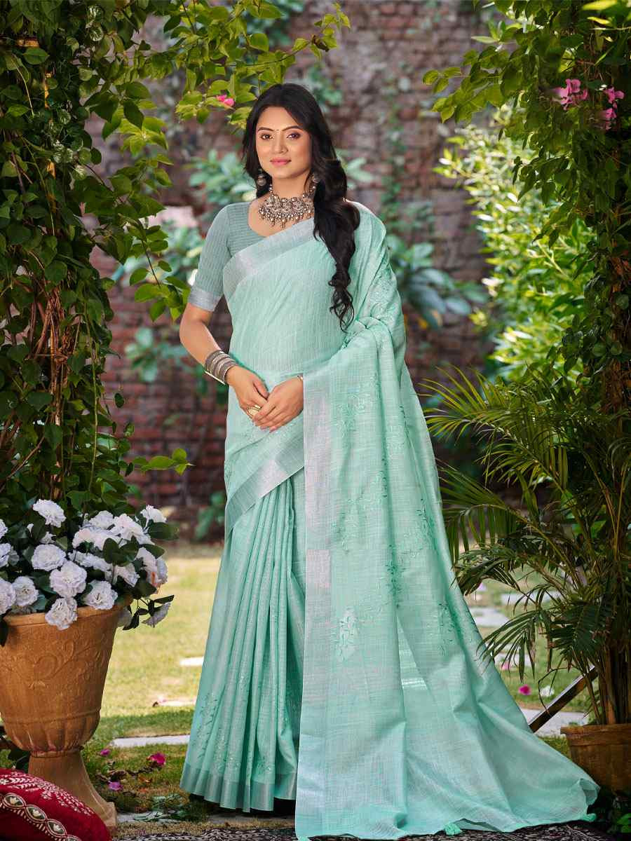 Sea Green Linen Embroidery Handwoven Casual Festival Party Classic Style Sarees