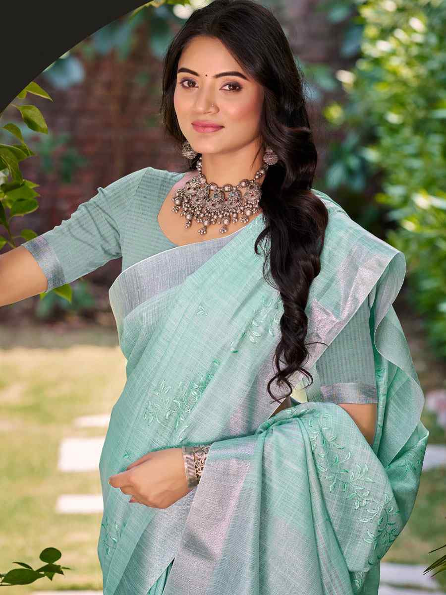 Sea Green Linen Embroidery Handwoven Casual Festival Party Classic Style Sarees