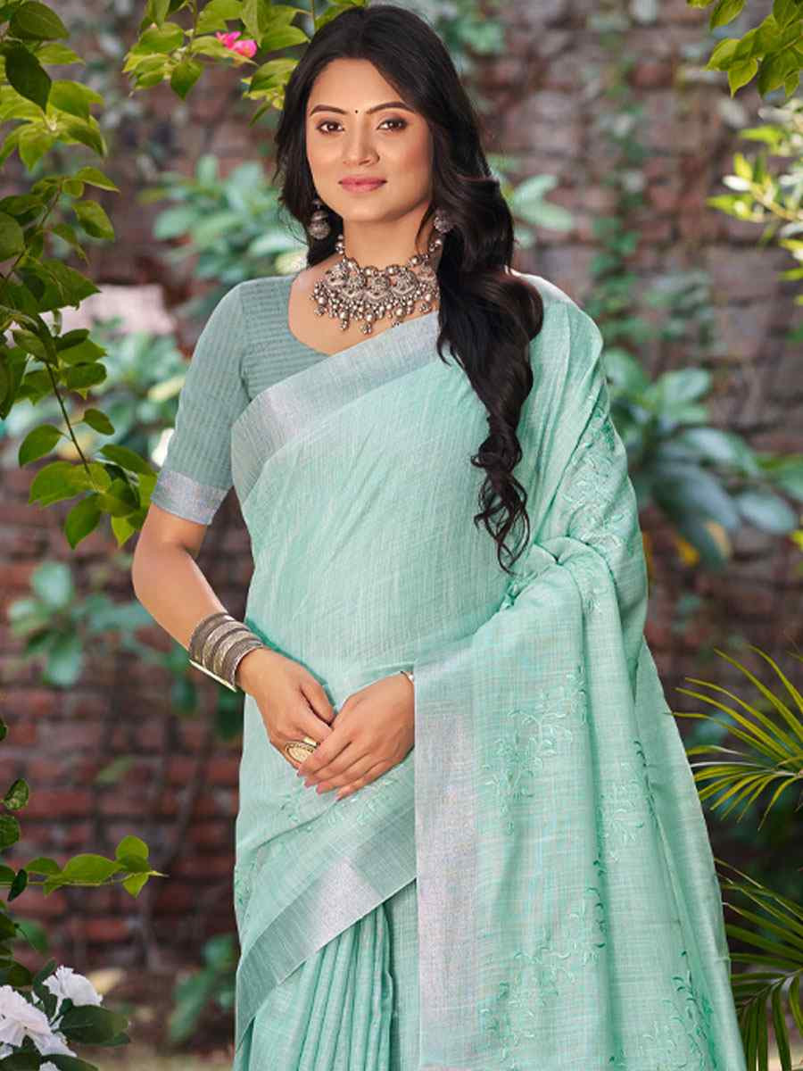 Sea Green Linen Embroidery Handwoven Casual Festival Party Classic Style Sarees