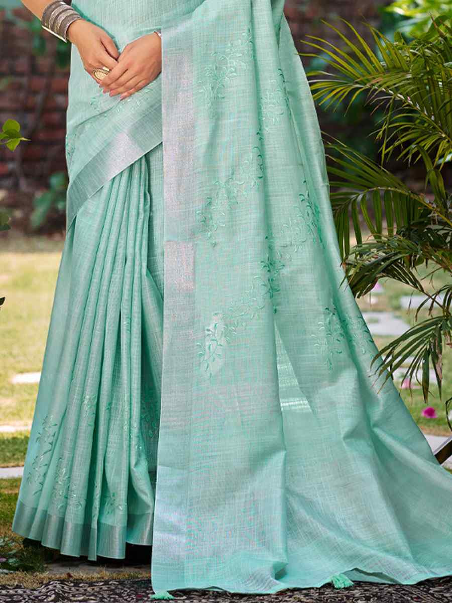 Sea Green Linen Embroidery Handwoven Casual Festival Party Classic Style Sarees