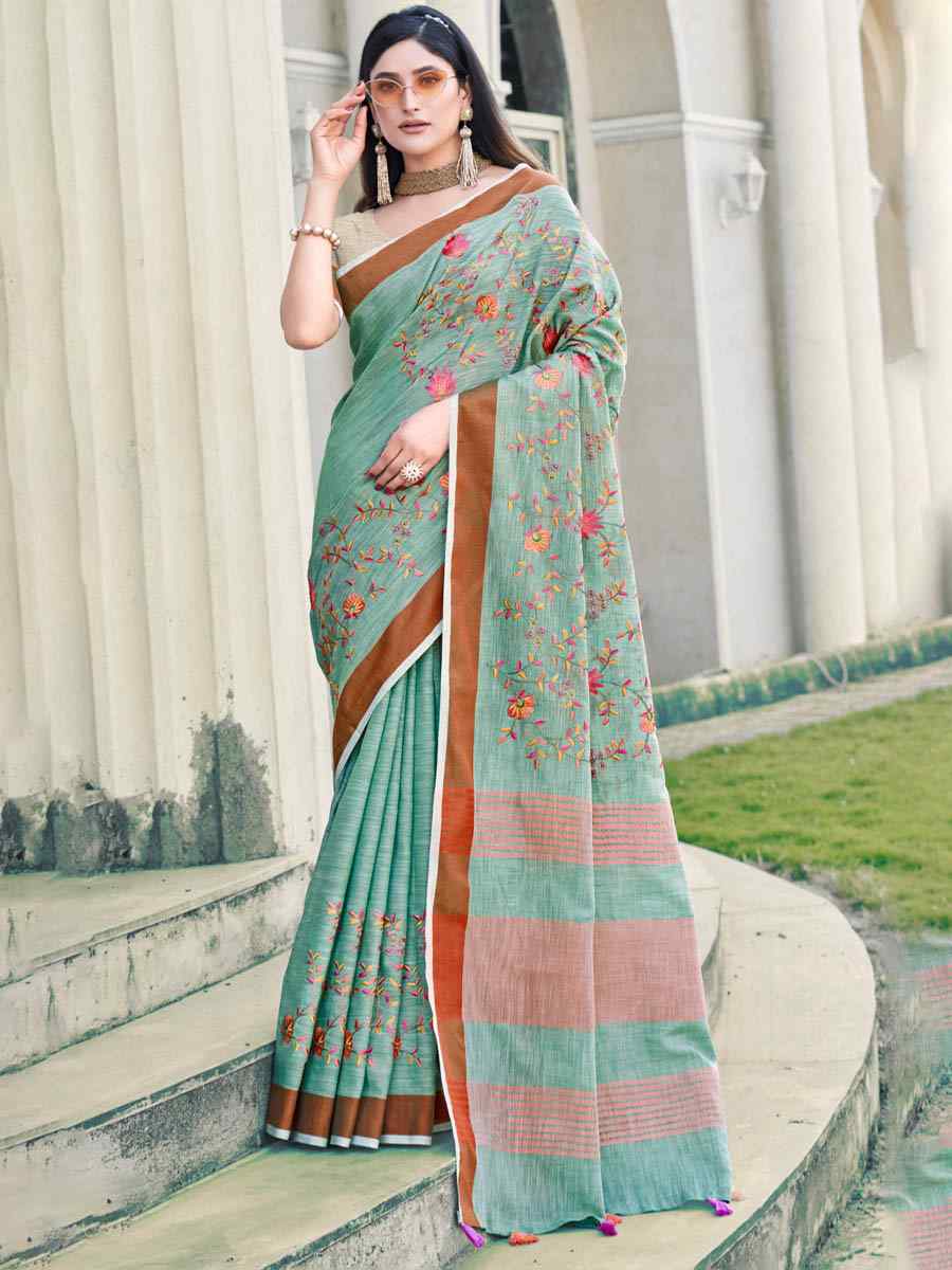 Sea Green Linen Handwoven Casual Festival Heavy Border Saree