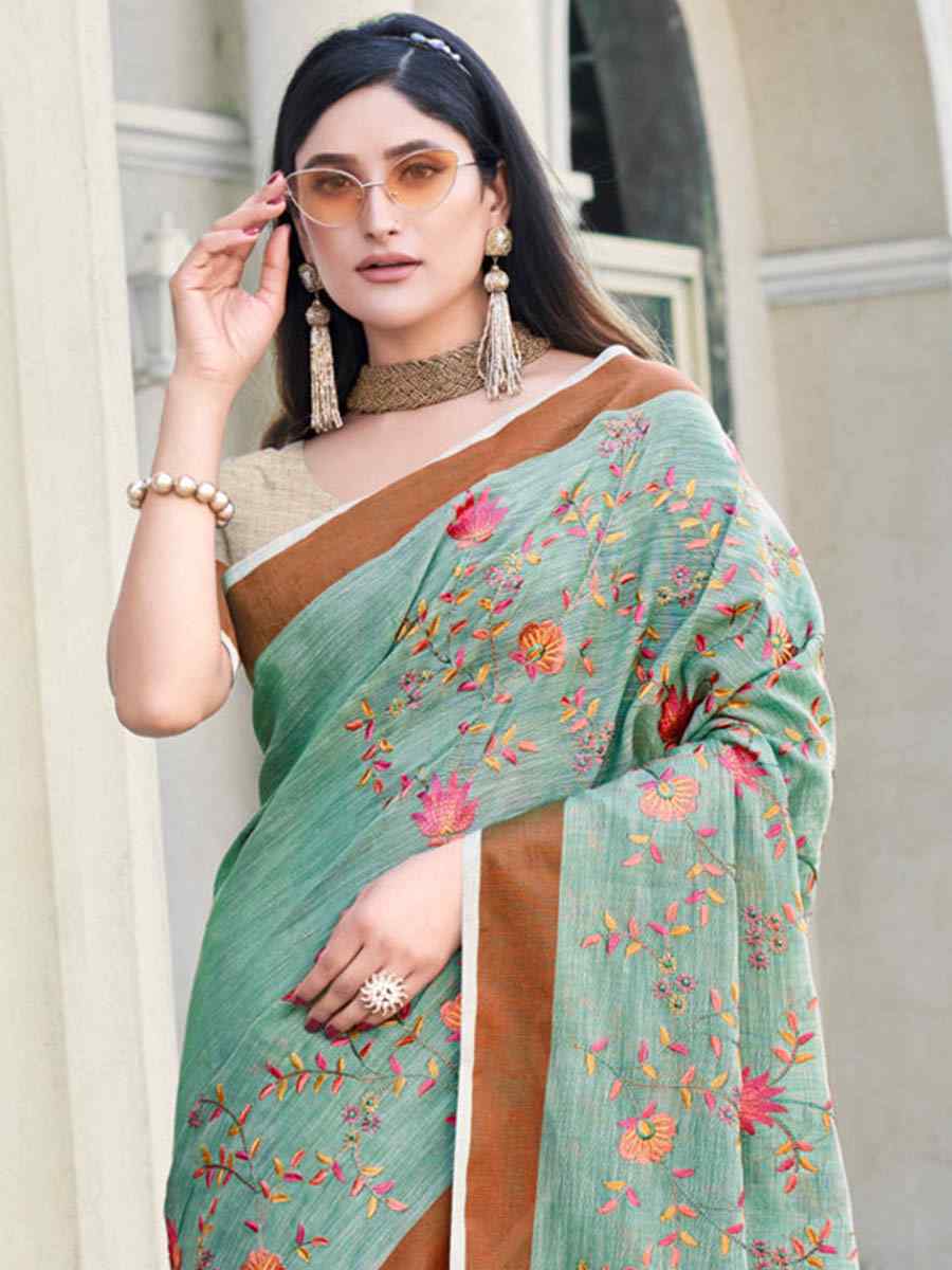 Sea Green Linen Handwoven Casual Festival Heavy Border Saree