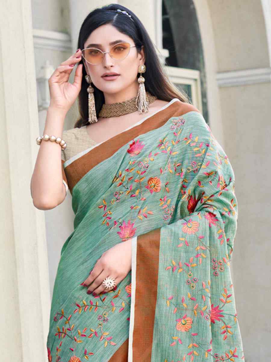 Sea Green Linen Handwoven Casual Festival Heavy Border Saree