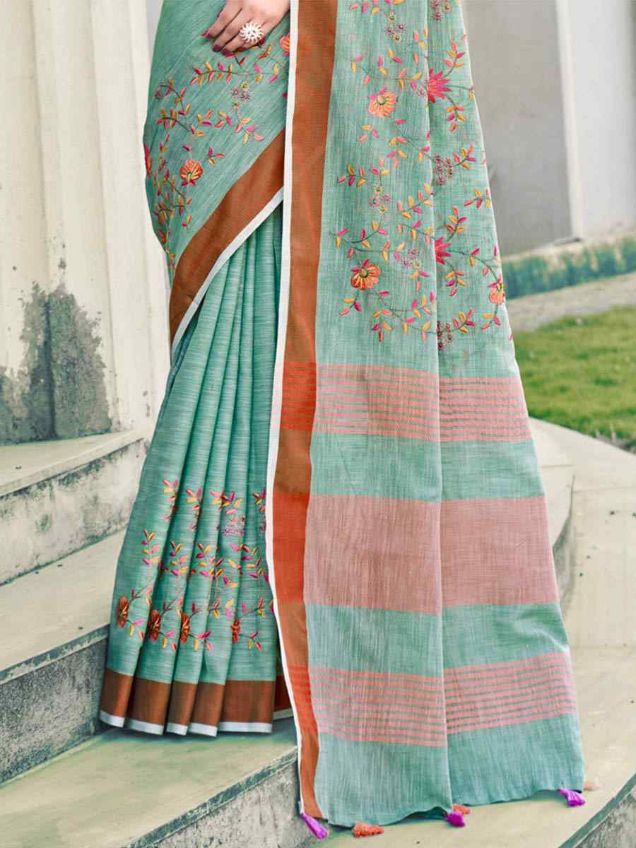 Sea Green Linen Handwoven Casual Festival Heavy Border Saree