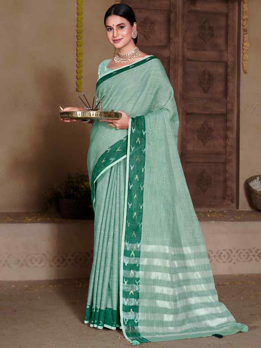 Sea Green Linen Handwoven Casual Festival Heavy Border Saree