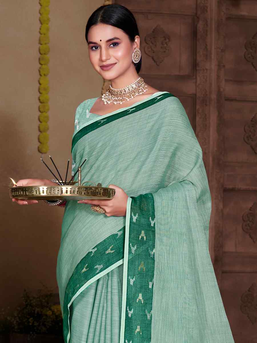 Sea Green Linen Handwoven Casual Festival Heavy Border Saree