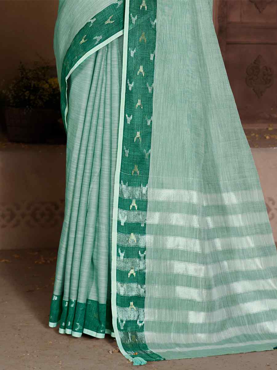 Sea Green Linen Handwoven Casual Festival Heavy Border Saree