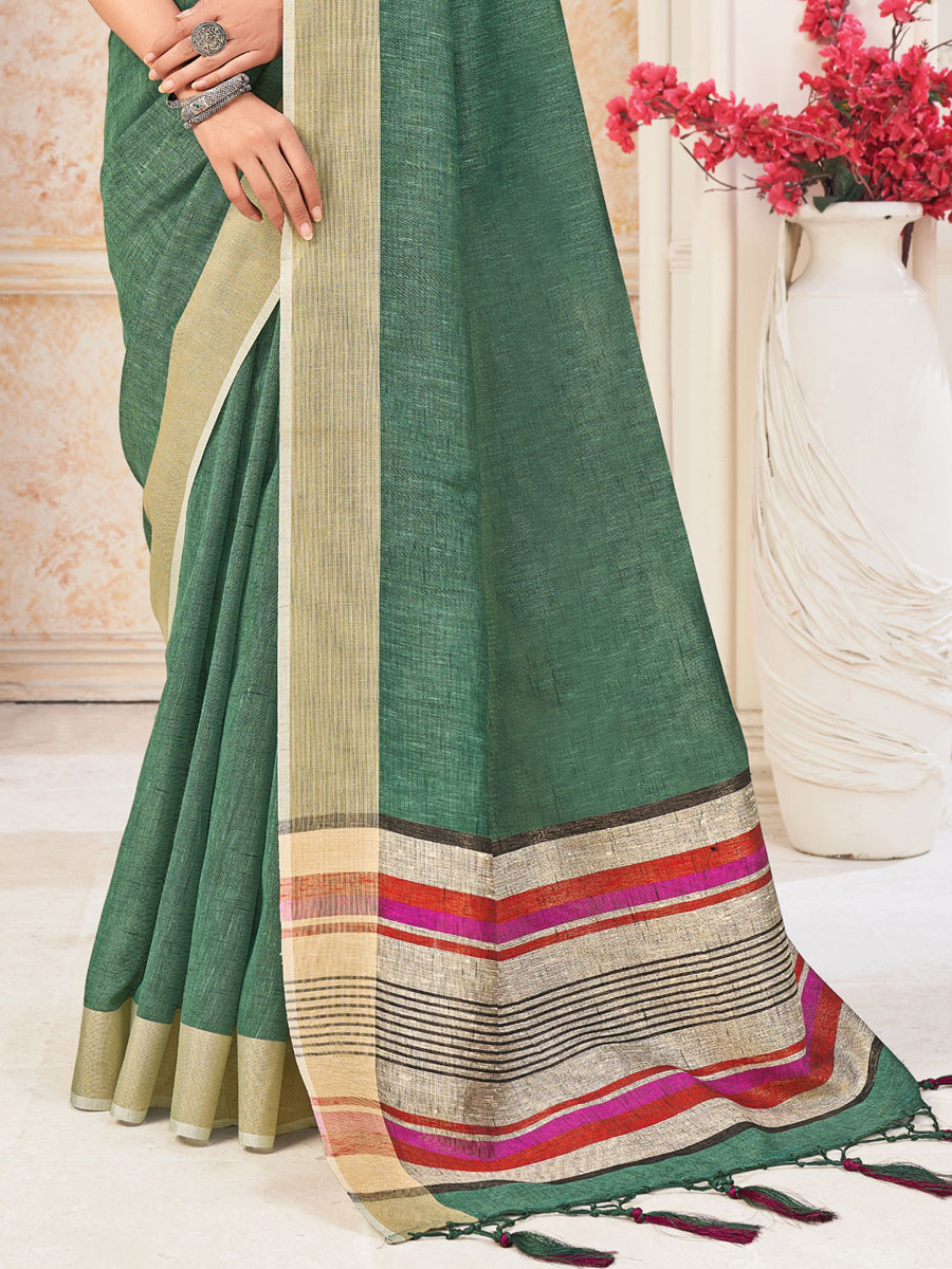 Sea Green Linen Plain Festival Saree