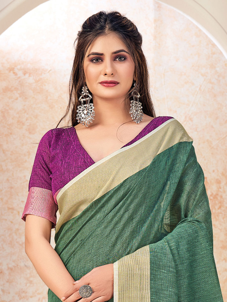 Sea Green Linen Plain Festival Saree