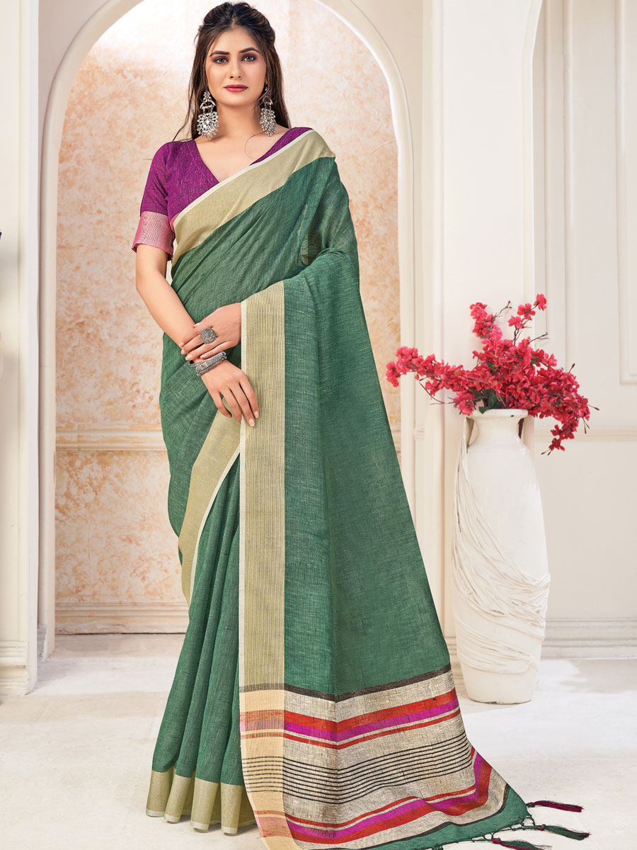 Sea Green Linen Plain Festival Saree